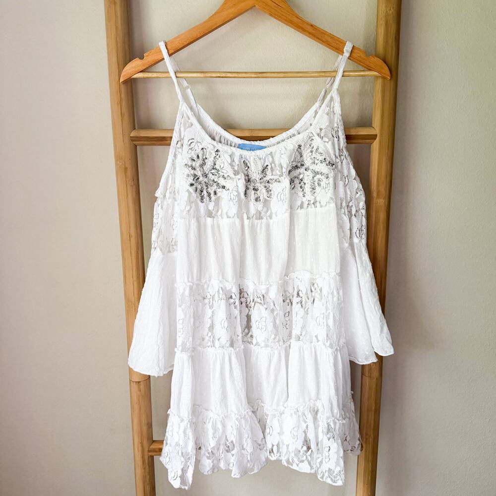 Happy Island White Lace Cold Shoulder Boho Tunic Top Free Size Beaded